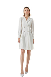 White V-Neck Pinstripes DoubleBreasted Pleated Dress - FashionByTeresa